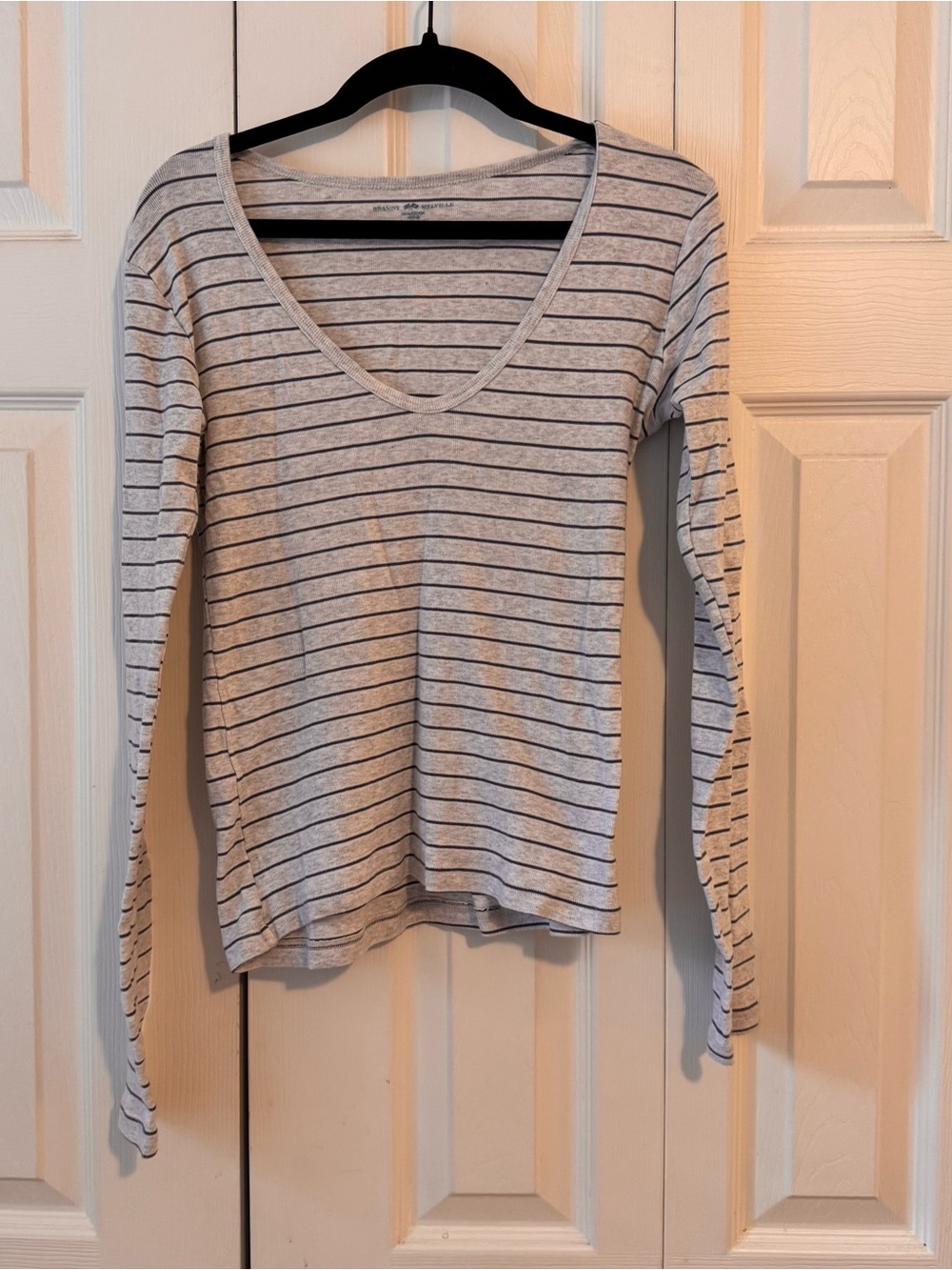 Brandy Melville Gray and Black Striped V-Neck Long Sleeve Top